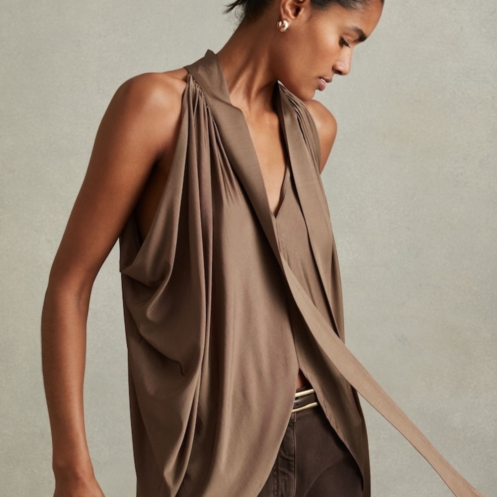 Reiss Luisa Dark Mink Elegant Brown Drape Top
